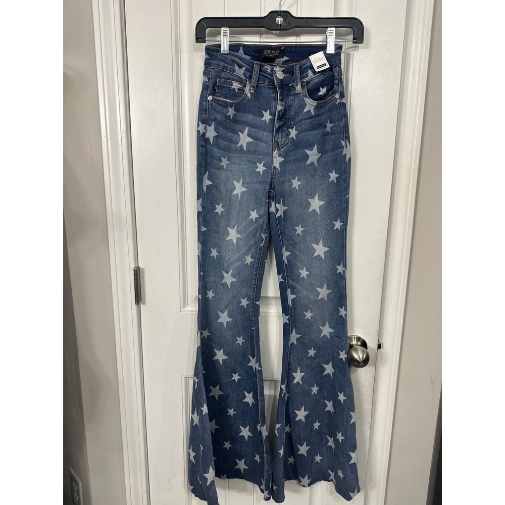 Judy Blue Star Print High Waist Flare Jeans Medium Wash Bell Bottoms Size 0 24